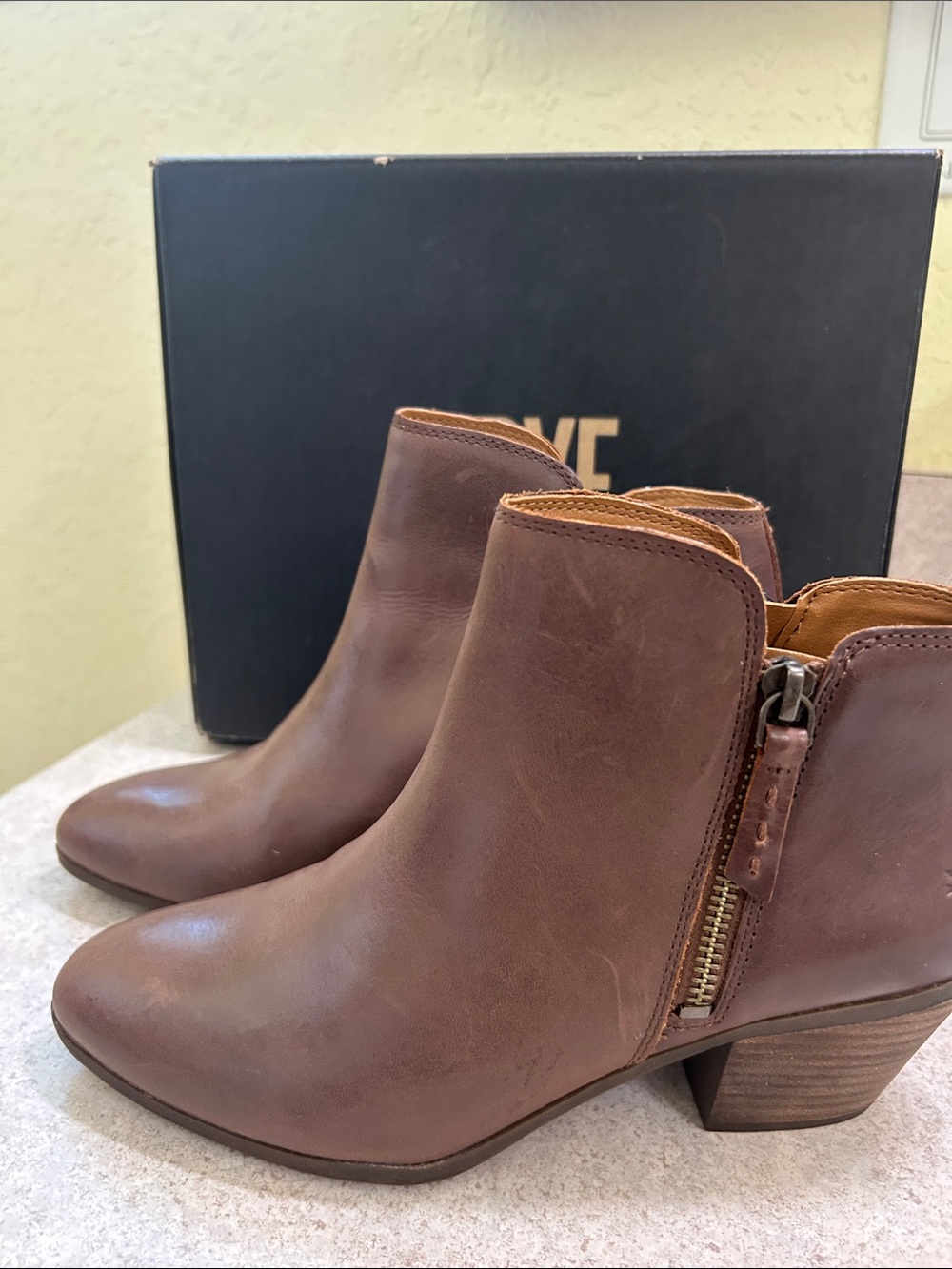 Frye Chestnut Brown Leather Side-Zip Ankle Booties
